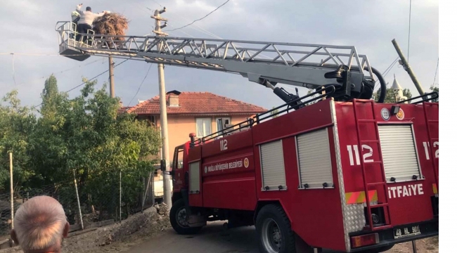 Ayağına ip dolanan leylek itfaiye tarafından kurtarıldı