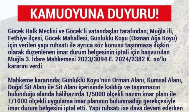 Günlüklü Koyu’nda İmar Planı İptal Edildi